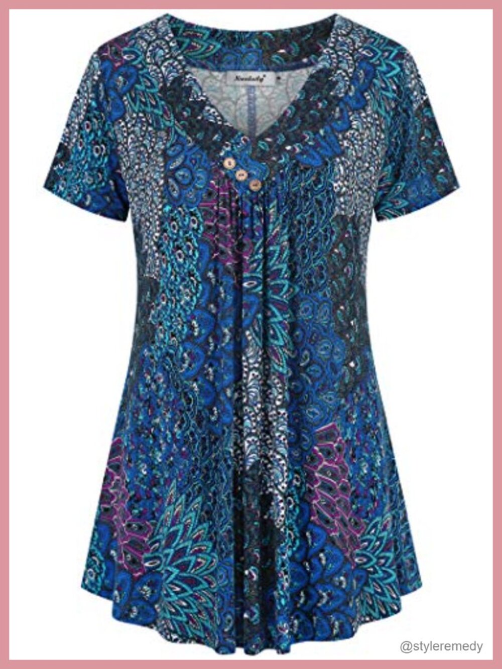 Women's Tunic Top Short Sleeve V Neck Floral Button Down Blouse